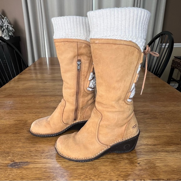 ⭐️ UGG Women's Skylair Wedge Boots Tan Leather Zip Lace Up Knit Sweater Size 8 - Picture 5 of 10